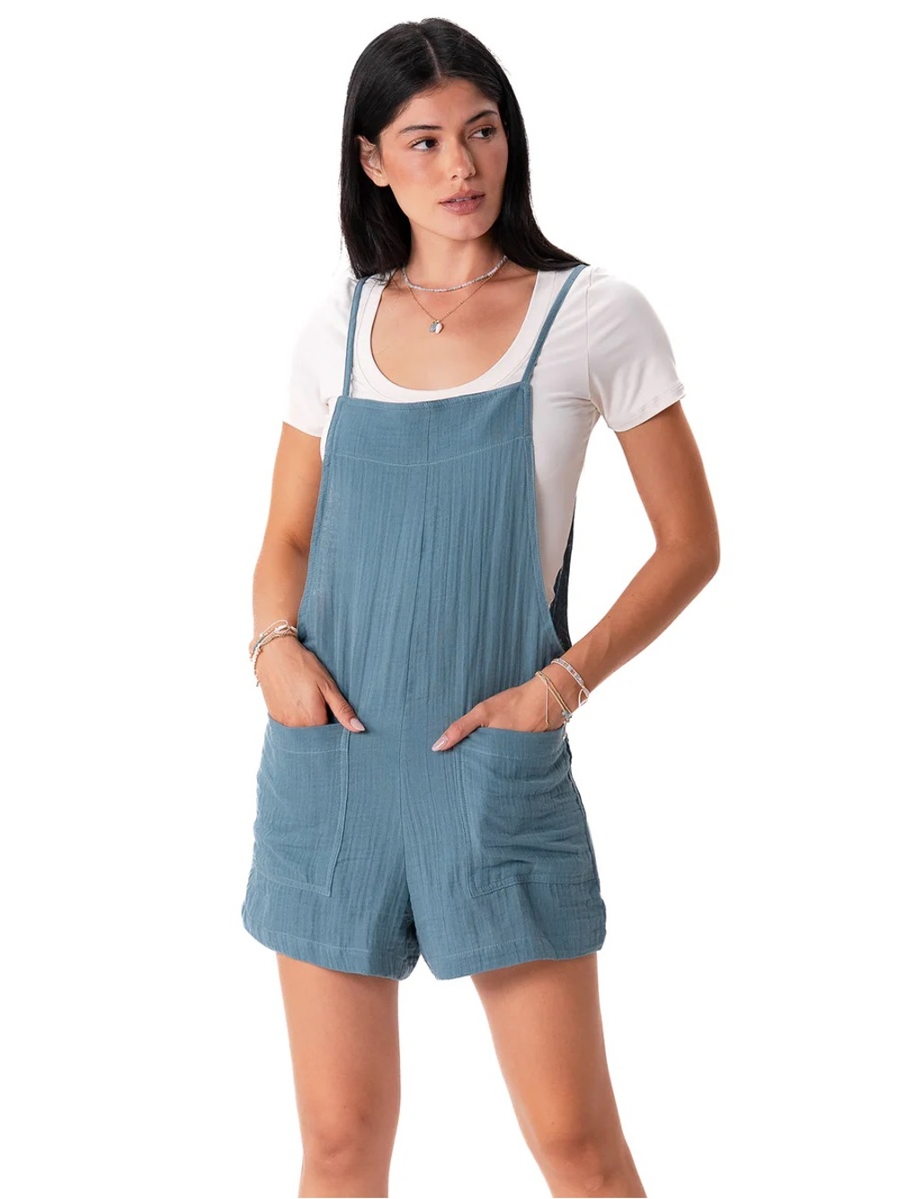 Lotus and Luna Women’s Blue Short Overalls Romper - Casual Summer